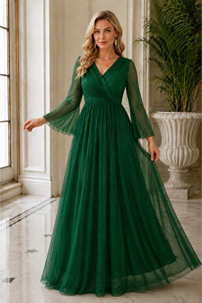 AQE FASHION فستان سهرة نسائي طويل من الشيفون الأخضر بأكمام طويلة من التول ويا...