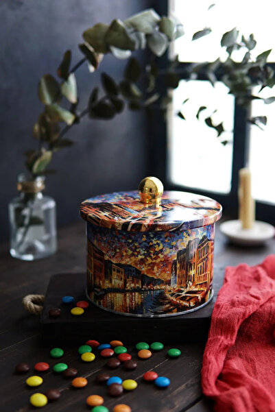 Evle Exclusive Afremov Big Ban Patterned Metal Storage Container, 14 Cm, Kitc...
