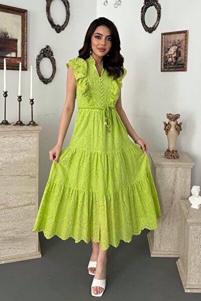 Clothes Fast فستان نسائي بني مزين بكشكشة وأزرار