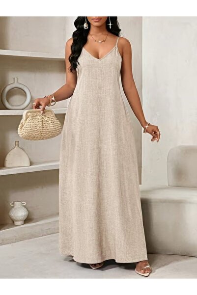 Şeker Portakalım Women's Rope Strap V-Neck Long Dress with Pocket Detail