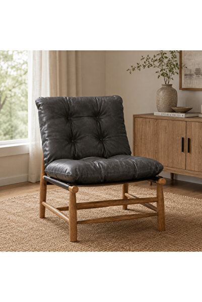 Roots Furniture كرسي لونا الجلدي الأسود ذو اللمسات الجلدية الفاخرة