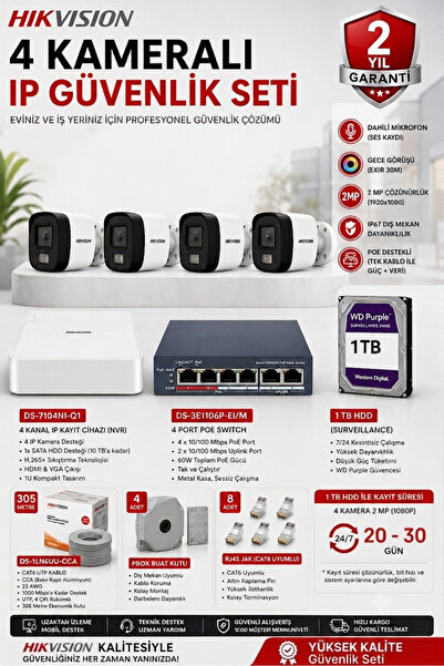 Hikvision 4 Kameralı IP Güvenlik Seti - 1080P 2MP Gece Görüşlü Sesli Kamera S...