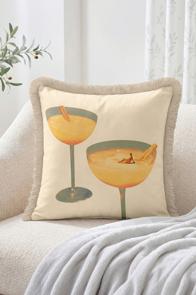 Realhomes Cocktail Glass and Margarita Illustration Patterned Fringed Throw P...
