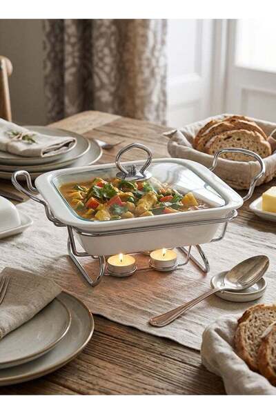 Dove Porcelain Square Food Warmer Dish with Candle Stand 1.5L (25.5x22.6x5.6c...