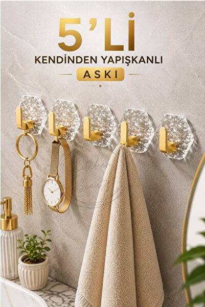 Kitchen Beauty Lüks Gold Detaylı 5’li Duvar Askısı Banyo Mutfak İçin Havlu As...