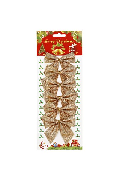 Luna Bite , Set 6 ornamente pentru bradul de Craciun, fundita, 8cm, auriu