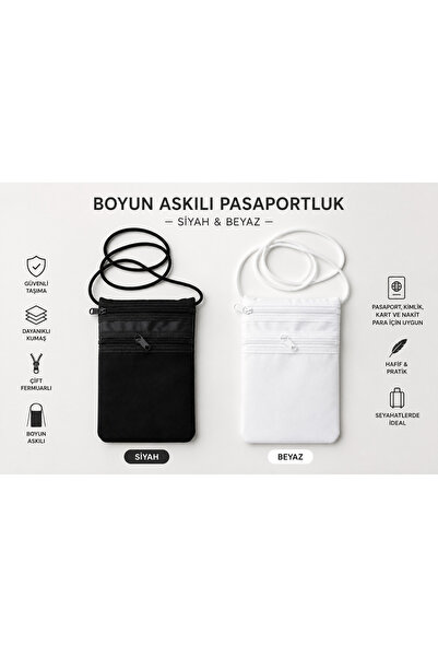 AGB Hac Umre Boyun Askılı Pasaportluk Çift Fermuarlı Siyah & Beyaz