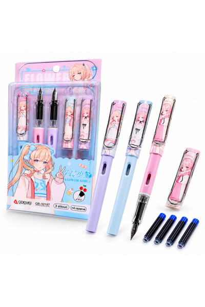 Bsr Set 3 stilouri cu penita, model fete, rezerve incluse, plastic, roz, 14 cm