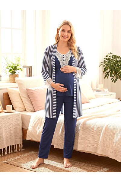 Lohussa New Season Navy Blue Striped Stylish Lace Detailed Design Buttoned Sh...