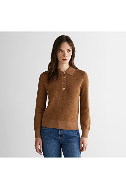 Gant Kadın Kahverengi Regular Fit Yün Polo Yaka Yün Triko