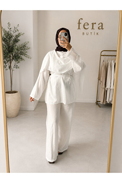 fera butik طقم نسائي مكون من قطعتين بتفاصيل من الكتان المنسوج وتفاصيل عباءة م...
