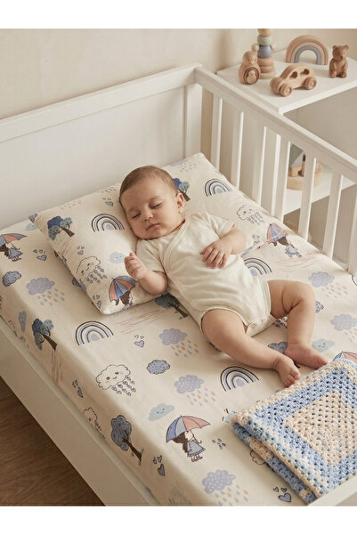 Manora 100% Cotton Baby Elastic Sheet and Pillowcase Set - Rain and Rainbow P...