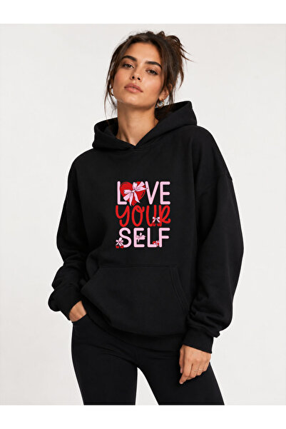 herkesemoda Love Your Self Printed Hooded 2 Thread Threaded Sweatshirt