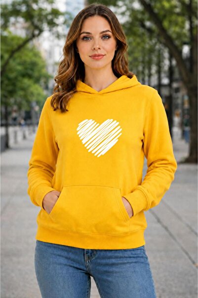 herkesemoda Red Heart Printed Hooded 2 Thread Raster Sweatshirt