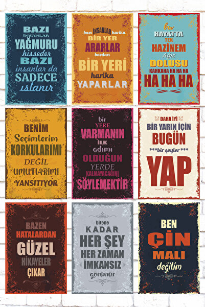 bin ler ce tablo 9 Parça Karışık Yazılı Ahşap Tablo Seti motivasyon sözleri d...