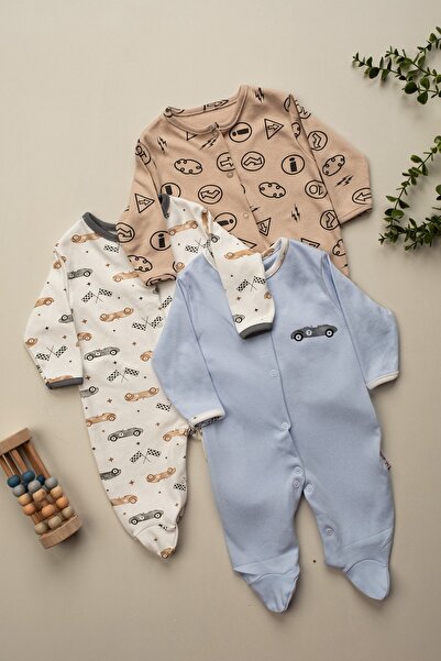 ENİA BABY Baby Boy 100% Cotton 3-Piece Jumpsuit Set with Booties 3-6-9 Months