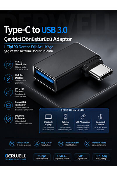 Derwell Type-C to USB 3.0 Çevirici Dönüştürücü Adaptör L Tipi 90 Derece Dik A...