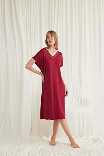 Marsilyan Ieg Lace Collar Short Sleeve Viscose Nightgown Ilkel-Mdgym457