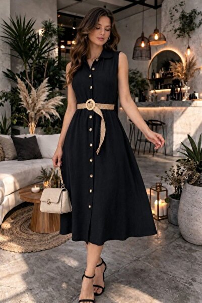pazarella Women's sleeveless collared button-down midi dress in janjan crepe ...