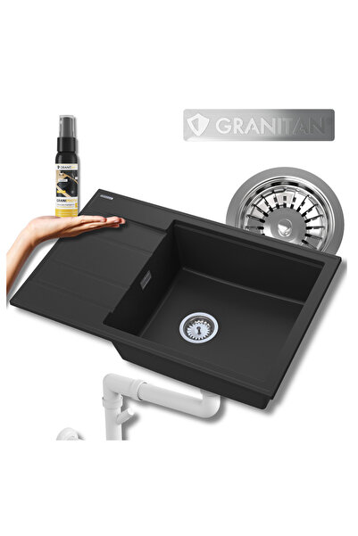 Granitan Set Chiuveta Granit LOUIS, alb 800x500mm, Baterie extragere, Sifon m...
