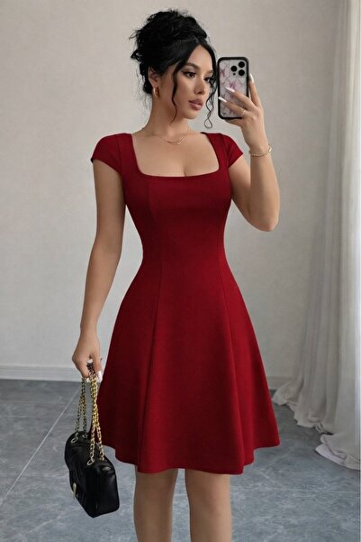 Veraura Lifestyle Women's Short Sleeve Square Collar Short Imported Crepe Dress