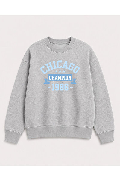 herkesemoda Chicago Print Detailed Crew Neck 2 Thread Sweatshirt