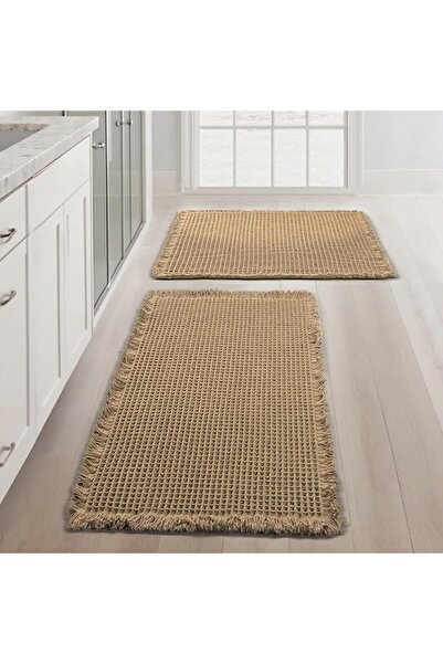Tazweeq Set of 2 Waffle Bathroom Rugs, Super Absorbent Boho Bath Mats, Non-Sl...