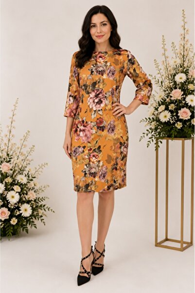 OEM Rochie de zi Fevine cu model floral tip mozaic, pe fundal de mustar