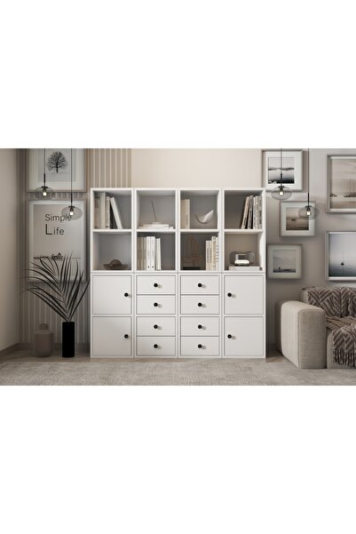 Vivense LEKSA 4 KAPAKLI ÇEKMECELİ RAFLI KİTAPLIK 97 CM BEYAZ KTP-1071-Ç