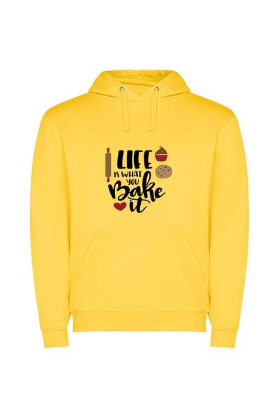 iLovePrints Baking Life: Graphic Art Φούτερ με κουκούλα σε χρώμα Κίτρινο