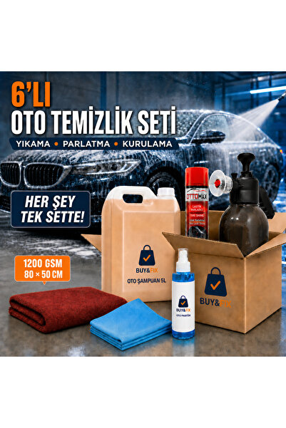 BUY&FIX 6'lı Oto Bakım ve Yıkama Seti 5L Şampuan, 2L Köpük Pompası, Lastik Pa...