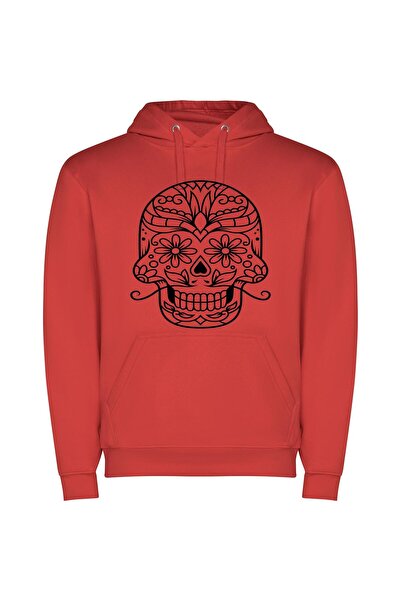 iLovePrints Fanciful Floral Sugar Skull Φούτερ με κουκούλα σε χρώμα Κόκκινο
