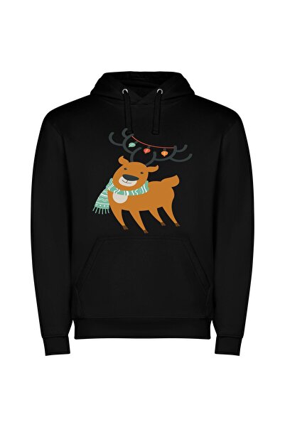 iLovePrints Fashionable Festive Deer Φούτερ με κουκούλα σε χρώμα Μαύρο