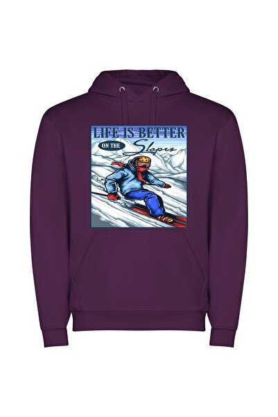 iLovePrints Skiing Thrills: Digital Illustration Φούτερ με κουκούλα σε χρώμα Μωβ