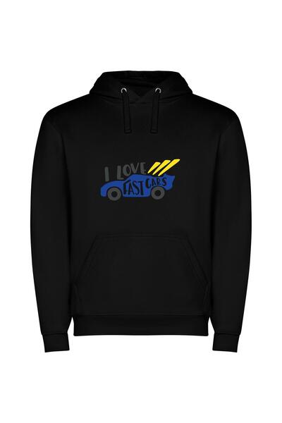 iLovePrints Speed Love: Blue Car Φούτερ με κουκούλα σε χρώμα Μαύρο