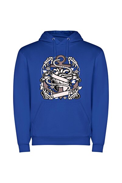 iLovePrints Anchored Elegance: Tattoo Vector Φούτερ με κουκούλα σε χρώμα Μπλε