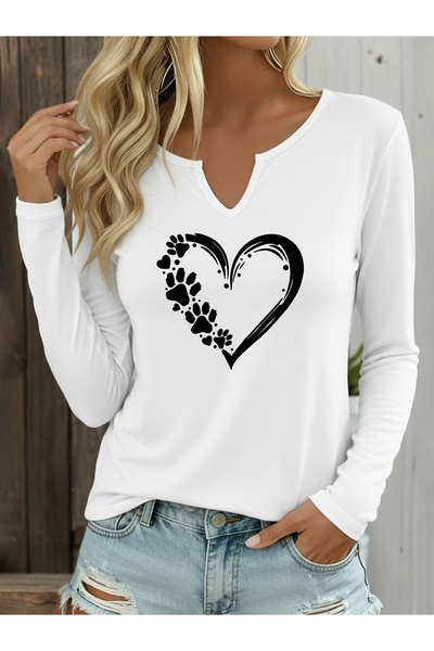 mercoledi Love Printed Cotton V-Neck Long Sleeve Blouse