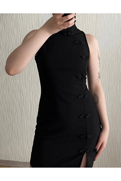 ARCADULE Siyah Qipao Tarzı Hakim Yaka Düğüm Detaylı Mini Elbise⁠