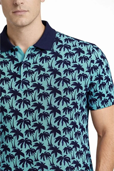 Gökyüzü Moda Men's Pique Fabric Polo Collar Palm Patterned T-Shirt Short Slee...