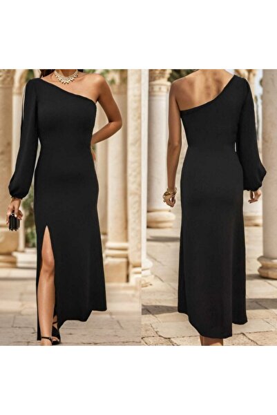 oniks store One shoulder open deep slit crepe full length dress