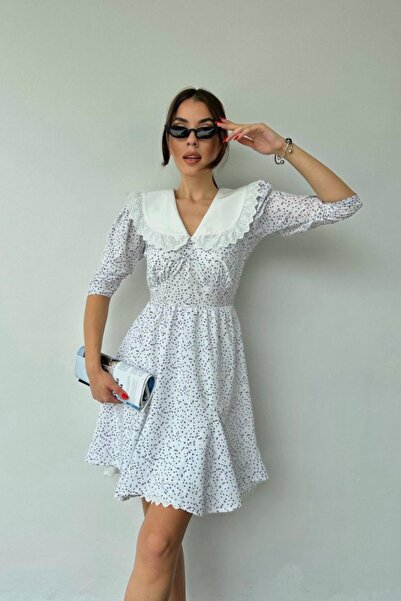oniks store White Polka Dot Apron Collar Dress