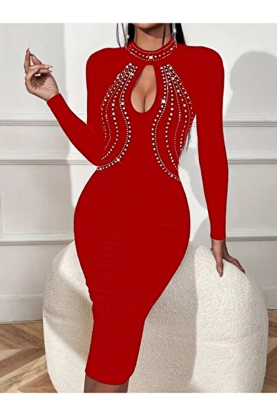 MODA ŞEHRİ فستان نسائي طويل الأكمام بياقة عالية وتفاصيل حجرية من الكريب المستورد