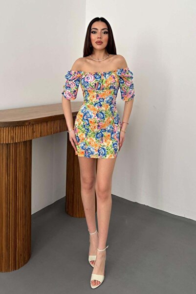 Moda Days Women's Orange Mini Dress Carmen Collar Floral Patterned Gathered B...