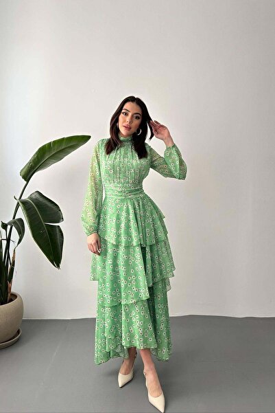 Moda Days فستان ماكسي نسائي بتصميم زهور خضراء وياقة هاكيم وأكمام طويلة وتفاصي...