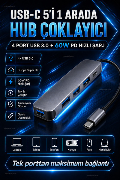 nelerbulurum Tüm Type-C Girişli Cihazlara Uyumlu 4 Port USB 3.0 5Gbps 60W PD ...