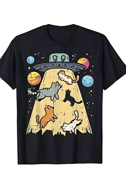 LİNA06 Men'S Retro Cartoon UFO Cat T-Shirt Whimsical Design Featuring Colorfu...