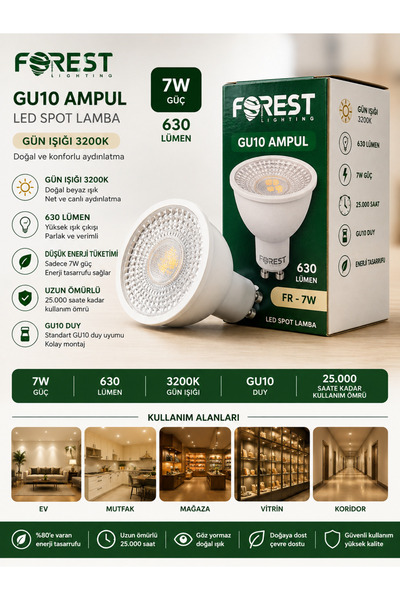 Forest Lighting 7W GU10 LED Spot Ampul 630 Lümen - 3200K Gün Işığı Doğal & Ko...