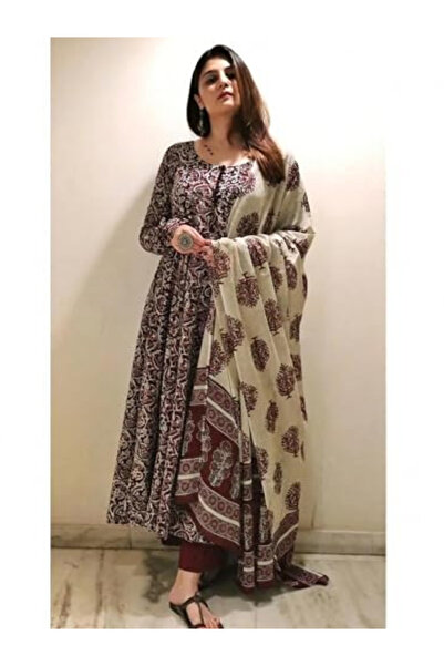 MYSMAR Maroon Coral Printed Anarkali Kurta Set - ALV2216 | Maroon Coral-Size:...