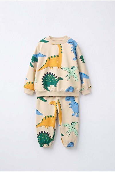 Magu Children's Dinosaur Patterned Beige Sweatshirt and Sweatpants Set