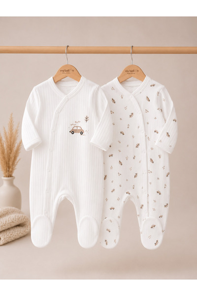 My Balloon Baby & Kids Car Patterned 2-Piece Ribbed Cotton Baby Romper Set
